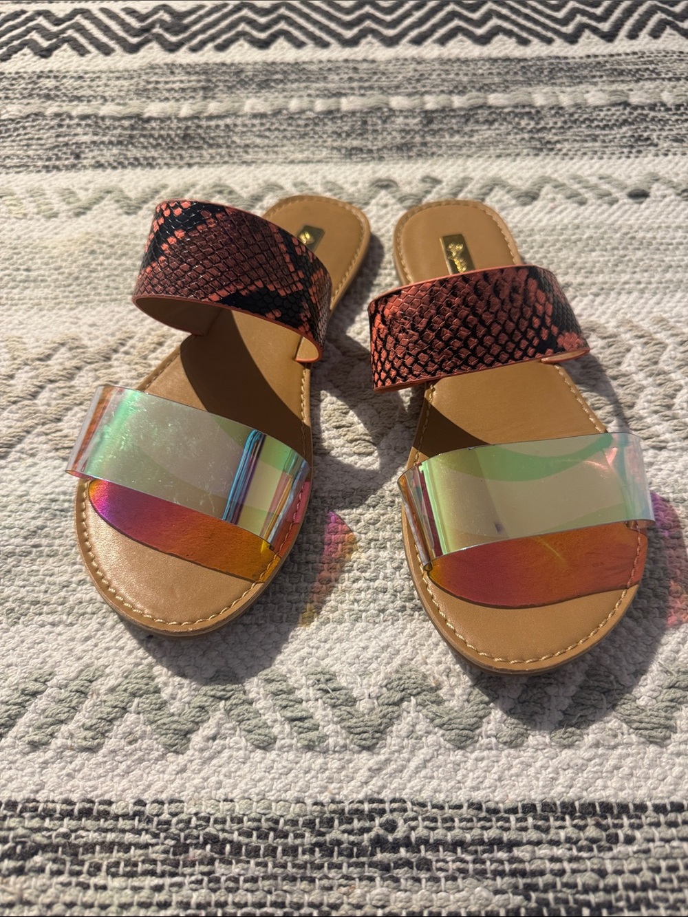 Womens Slide Sandals with Red Snake-Print and Iridescent Straps
